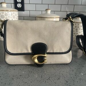 Coach Cream and Black Crossbody Bag with Gold C-Clasp